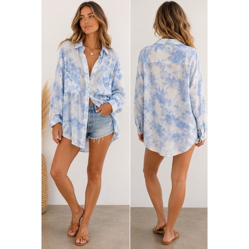 Cloth & Stone Blue & White Cloud Print Collared Button-Up Blouse Size L